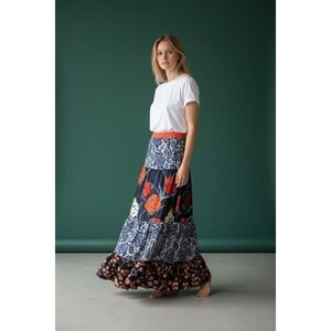 Vanessa Virginia Tiered Maxi Skirt Mixed Floral Print Orange Waistband
